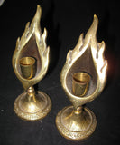 LOT 2-pc GOLD Tone Solid BRASS METAL Carved JERUSALEM FLAMES CANDLE HOLDERS