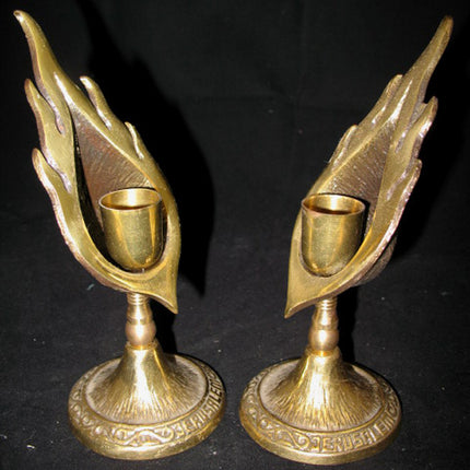 LOT 2-pc GOLD Tone Solid BRASS METAL Carved JERUSALEM FLAMES CANDLE HOLDERS