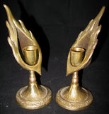 LOT 2-pc GOLD Tone Solid BRASS METAL Carved JERUSALEM FLAMES CANDLE HOLDERS
