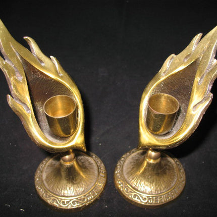 LOT 2-pc GOLD Tone Solid BRASS METAL Carved JERUSALEM FLAMES CANDLE HOLDERS