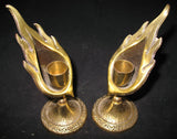 LOT 2-pc GOLD Tone Solid BRASS METAL Carved JERUSALEM FLAMES CANDLE HOLDERS