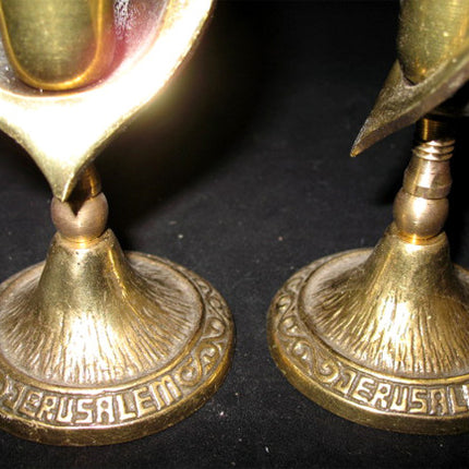 LOT 2-pc GOLD Tone Solid BRASS METAL Carved JERUSALEM FLAMES CANDLE HOLDERS