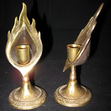 LOT 2-pc GOLD Tone Solid BRASS METAL Carved JERUSALEM FLAMES CANDLE HOLDERS