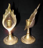 LOT 2-pc GOLD Tone Solid BRASS METAL Carved JERUSALEM FLAMES CANDLE HOLDERS