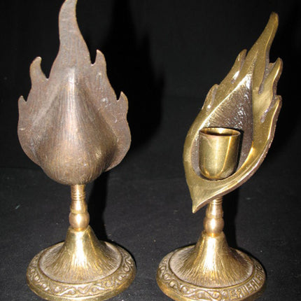 LOT 2-pc GOLD Tone Solid BRASS METAL Carved JERUSALEM FLAMES CANDLE HOLDERS