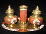 LOT 4 Gold Tone BRASS SALT PEPPER SHAKERS, TOOTHPICK HOLDER, TRAY SET