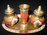 LOT 4 Gold Tone BRASS SALT PEPPER SHAKERS, TOOTHPICK HOLDER, TRAY SET