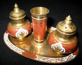 LOT 4 Gold Tone BRASS SALT PEPPER SHAKERS, TOOTHPICK HOLDER, TRAY SET