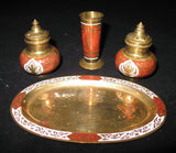 LOT 4 Gold Tone BRASS SALT PEPPER SHAKERS, TOOTHPICK HOLDER, TRAY SET