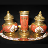 LOT 4 Gold Tone BRASS SALT PEPPER SHAKERS, TOOTHPICK HOLDER, TRAY SET