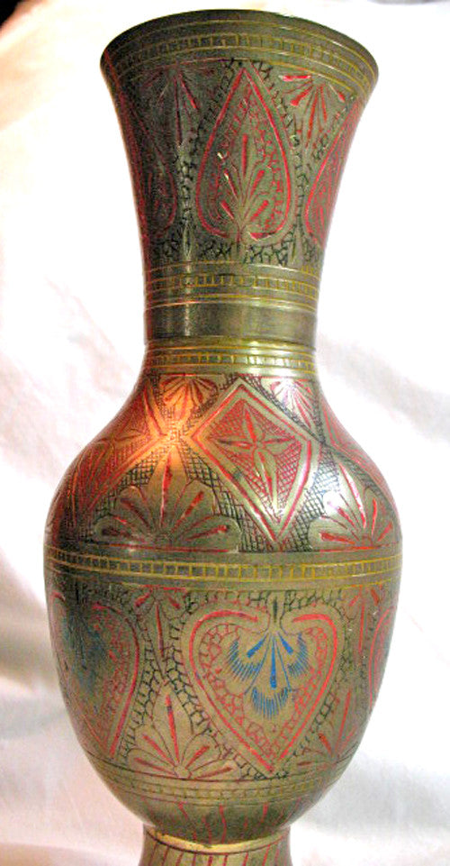 Vintage Indian Solid Brass Etched Flower Vase