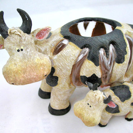 MOTHER and CHILD Black Beige COW COWS FIGURINE Animal Figurines Table Glass HOLDER VASE BOWL