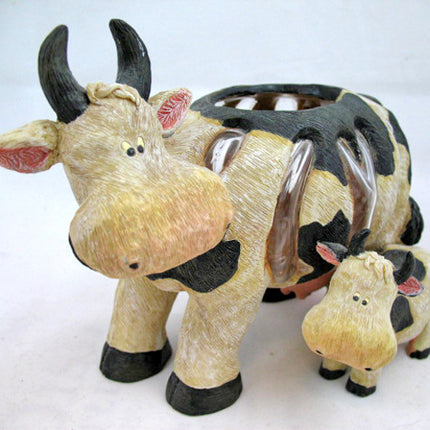 MOTHER and CHILD Black Beige COW COWS FIGURINE Animal Figurines Table Glass HOLDER VASE BOWL