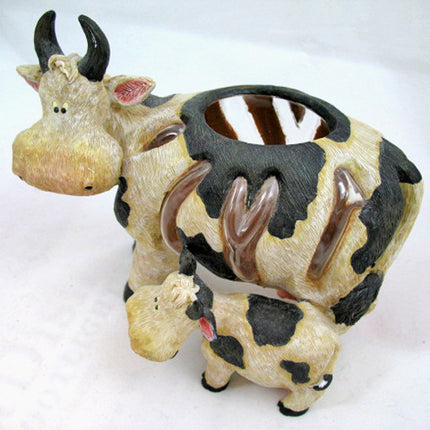 MOTHER and CHILD Black Beige COW COWS FIGURINE Animal Figurines Table Glass HOLDER VASE BOWL