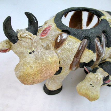 MOTHER and CHILD Black Beige COW COWS FIGURINE Animal Figurines Table Glass HOLDER VASE BOWL