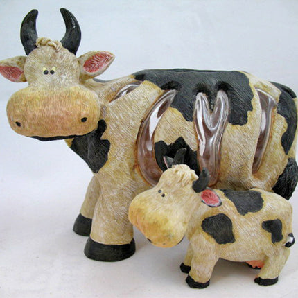 MOTHER and CHILD Black Beige COW COWS FIGURINE Animal Figurines Table Glass HOLDER VASE BOWL