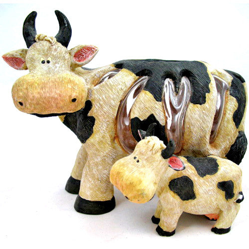MOTHER and CHILD Black Beige COW COWS FIGURINE Animal Figurines Table Glass HOLDER VASE BOWL