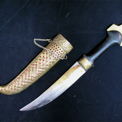 VINTAGE OLD KNIFE DAGGER INDIA CURVE BLADE Carve Brass CASE Estate Sale
