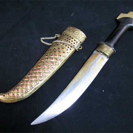 VINTAGE OLD KNIFE DAGGER INDIA CURVE BLADE Carve Brass CASE Estate Sale