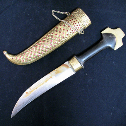VINTAGE OLD KNIFE DAGGER INDIA CURVE BLADE Carve Brass CASE Estate Sale