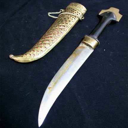 VINTAGE OLD KNIFE DAGGER INDIA CURVE BLADE Carve Brass CASE Estate Sale