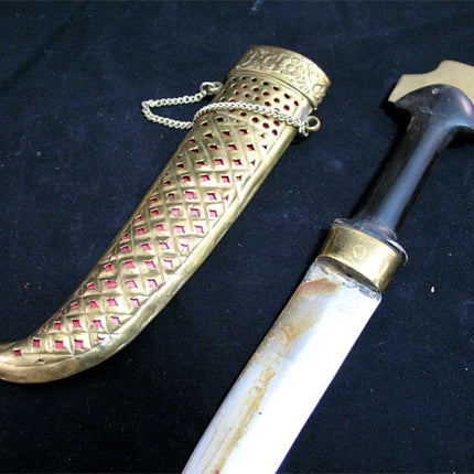 VINTAGE OLD KNIFE DAGGER INDIA CURVE BLADE Carve Brass CASE Estate Sale