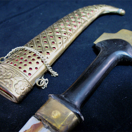 VINTAGE OLD KNIFE DAGGER INDIA CURVE BLADE Carve Brass CASE Estate Sale