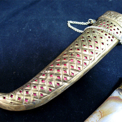 VINTAGE OLD KNIFE DAGGER INDIA CURVE BLADE Carve Brass CASE Estate Sale
