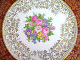 22K Solid GOLD ART PRINT Collectors ROYAL CHINA 10" Round PLATE CERAMIC Collectors Plates Metal HANGER Floral Flowers
