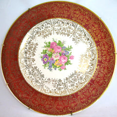 22K Solid GOLD ART PRINT Collectors ROYAL CHINA 10" Round PLATE CERAMIC Collectors Plates Metal HANGER Floral Flowers