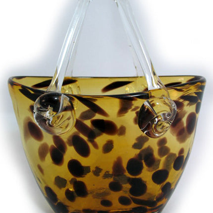 Vintage Gold Amber GLASS Hand Blown Blowing LEOPARD ANIMAL Pattern BASKET VASE HANDBAG BAG Home Decors Decorations