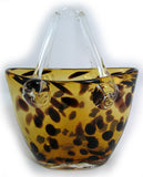 Vintage Gold Amber GLASS Hand Blown Blowing LEOPARD ANIMAL Pattern BASKET VASE HANDBAG BAG Home Decors Decorations