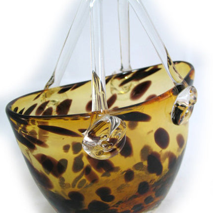 Vintage Gold Amber GLASS Hand Blown Blowing LEOPARD ANIMAL Pattern BASKET VASE HANDBAG BAG Home Decors Decorations