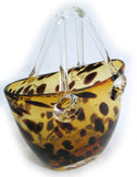 Vintage Gold Amber GLASS Hand Blown Blowing LEOPARD ANIMAL Pattern BASKET VASE HANDBAG BAG Home Decors Decorations