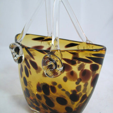 Vintage Gold Amber GLASS Hand Blown Blowing LEOPARD ANIMAL Pattern BASKET VASE HANDBAG BAG Home Decors Decorations