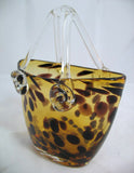 Vintage Gold Amber GLASS Hand Blown Blowing LEOPARD ANIMAL Pattern BASKET VASE HANDBAG BAG Home Decors Decorations