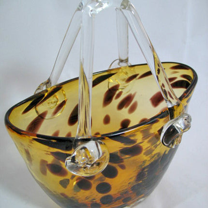 Vintage Gold Amber GLASS Hand Blown Blowing LEOPARD ANIMAL Pattern BASKET VASE HANDBAG BAG Home Decors Decorations