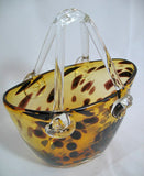 Vintage Gold Amber GLASS Hand Blown Blowing LEOPARD ANIMAL Pattern BASKET VASE HANDBAG BAG Home Decors Decorations