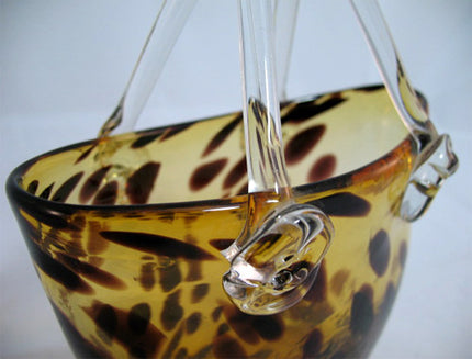 Vintage Gold Amber GLASS Hand Blown Blowing LEOPARD ANIMAL Pattern BASKET VASE HANDBAG BAG Home Decors Decorations