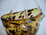 Vintage Gold Amber GLASS Hand Blown Blowing LEOPARD ANIMAL Pattern BASKET VASE HANDBAG BAG Home Decors Decorations