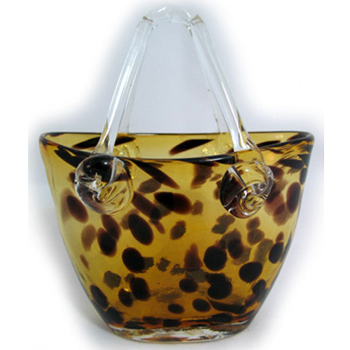 Vintage Gold Amber GLASS Hand Blown Blowing LEOPARD ANIMAL Pattern BASKET VASE HANDBAG BAG Home Decors Decorations