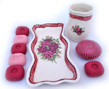 Vintage Soap DISH Toothbrush CUP HOLDER BATH SET Handpainted Floral Flowers Marked CB