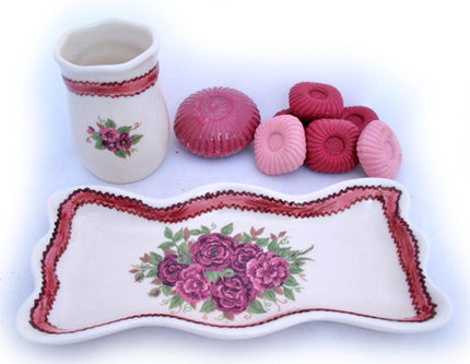 Vintage Soap DISH Toothbrush CUP HOLDER BATH SET Handpainted Floral Flowers Marked CB