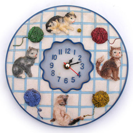 3D Embossed CAT CATS KITTY KITTENS WALL TIME CLOCK Analog Checkered Pattern Playing Colored Yarn Home Decors