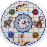 3D Embossed CAT CATS KITTY KITTENS WALL TIME CLOCK Analog Checkered Pattern Playing Colored Yarn Home Decors