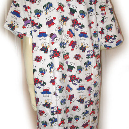 Womens White Multicolor Bear Bears Print V-Neck T-Shirt Dress Tee Short Sleeve Sleepwear L