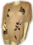 CHAUS Womens Tops BEIGE BROWN Knit Knitted CROCHET Short Sleeve Fishnet Fish Net See Through Revealing Sexy TOP Beachwear Beach Wear Summer Clothes Clothing