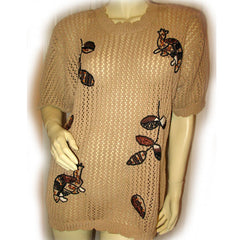 CHAUS Womens Tops BEIGE BROWN Knit Knitted CROCHET Short Sleeve Fishnet Fish Net See Through Revealing Sexy TOP Beachwear Beach Wear Summer Clothes Clothing
