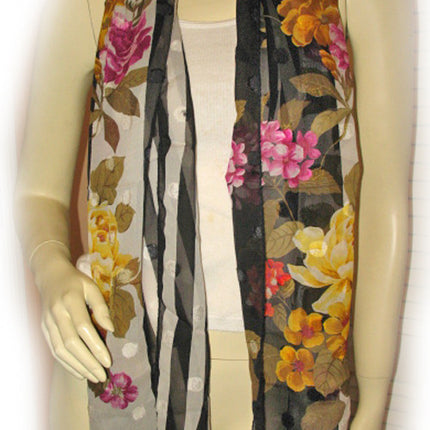 Vintage Y2K 90s Scarf Scarves Wrap 64inX16.5in Floral Print Striped Black White