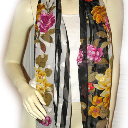Vintage Y2K 90s Scarf Scarves Wrap 64inX16.5in Floral Print Striped Black White